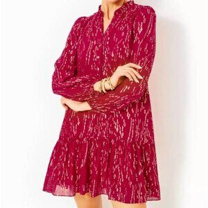 NWT Lilly Pulitzer Evaline Silk Dress Malbec Red Fish Clip Chiffon Small 14 $278
